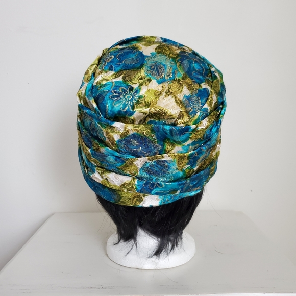 50s 60s Vintage Union Made Metallic Gold Garden Print Turban Hat - Picture 5 of 13